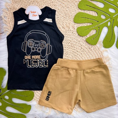 Conj. Regata One More Level e Bermuda em Moletinho - Preto e Caramelo